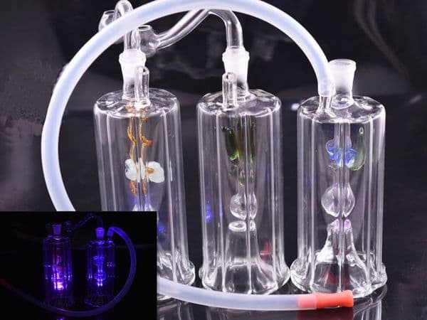 Glow in the Dark mini glass oil burner Bongs LED Light Glass Bong with 10mm glass oil burner pipe and hose 2pcs