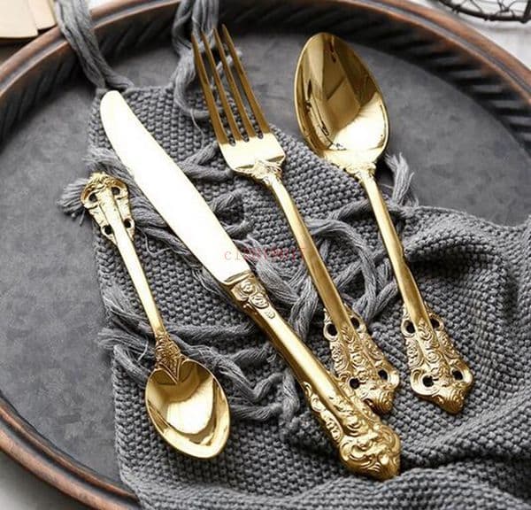 4pcs/set Golden Plated Cutlery Set Stainless Steel Knife Forks Teaspoon Gold Dinnerware Wedding Christmas Tableware