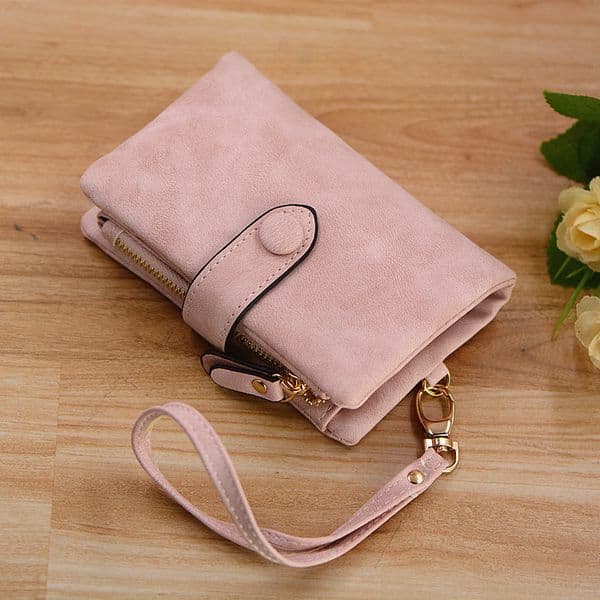 Women Wristlet Wallet With Strap Coin Pocket Vintage Soft Pink Suede Purse Ladies Folder Money Clips 6colors Billetera Y190701