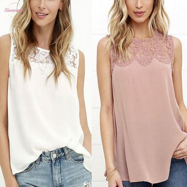 Summer Office Women Shirts Floral Lace Chiffon Blouse Shirt Sleeveless Top Solid Blouses Shirts Female Crochet Tops Pink White