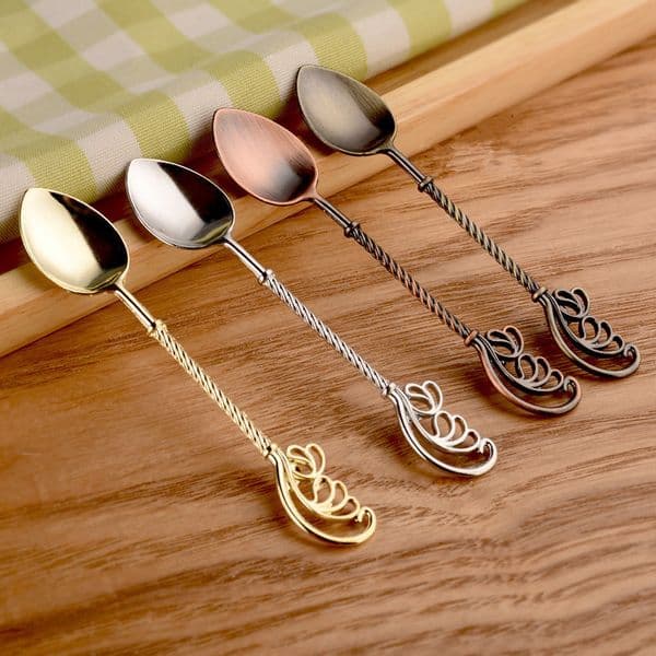 Retro Coffee Spoon Dessert Cake Spoons Gold Feather Ice Cream Teaspoon Milk Sugar Kitchen Tableware Yq00397 B2