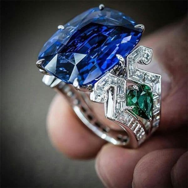 Vintage Fashion Jewelry 925 Sterling Silver Cushion Shape Blue Sapphire CZ Diamond Gemstones Water Drop Emerald Women Wedding Band Ring Gift