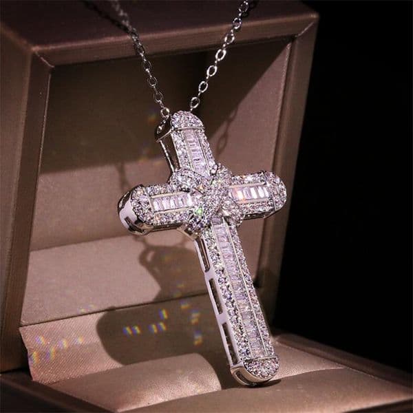 Top Selling Jewelry Sterling Sier Handmade Full White Sapphire CZ Dia Gemstones Cross Pendant Women Wedding Necklace Gift