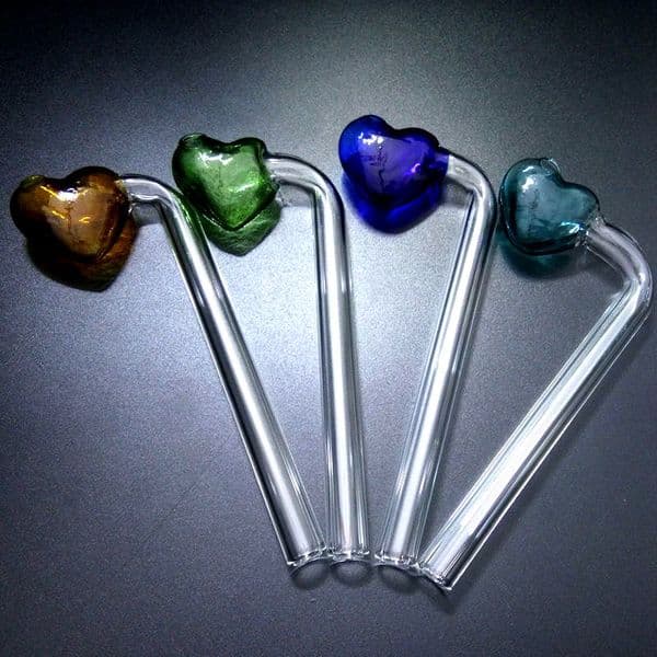 Heart-Shaped Glass Oil Burner Smoking Pipes With Colored Heart Straight Type for Hookahs and Water Bongs