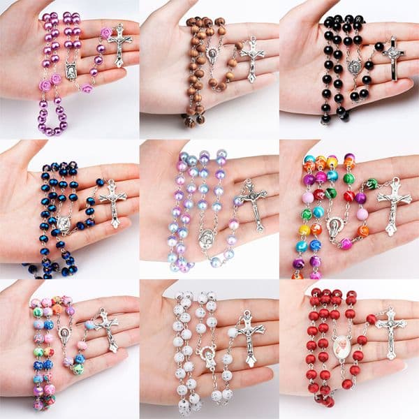 9 styles Religious Catholic Rainbow Rosary Necklaces Jesus Virgin Mary cross Long pendant Beads chains For women Men Christian Jewelry Bulk
