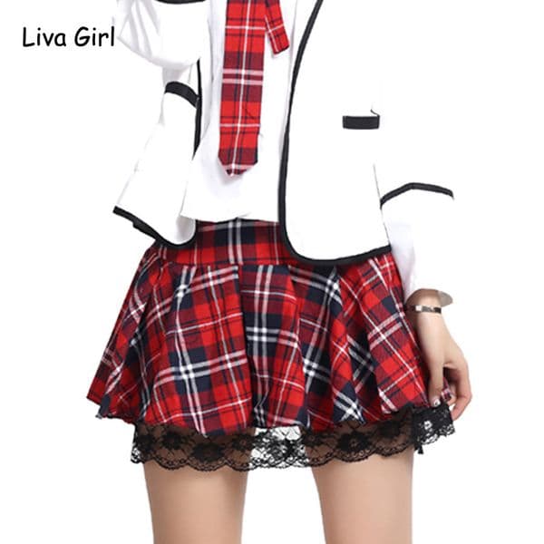 Cute Lace Cake High Waist Short Skirt Scottish Kilt A Line Mini Tutu Skirt Student Uniform Pleated Plaid Skirt Y19042602