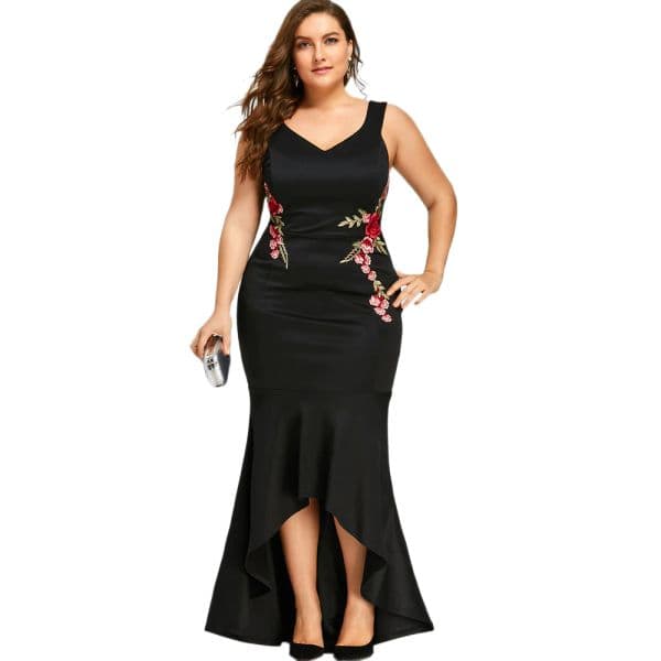 Plus Size Cheap Mermaid Prom Dresses V Neck High Low Evening Gown Apppliqued Floor Length Satin Formal Dress