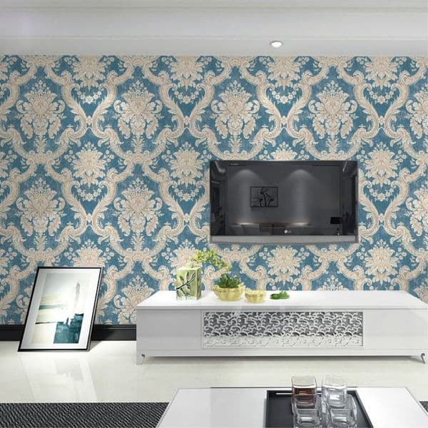 3D stereo effect Europe wall paper blue Damascus blue gold pattern large non-woven wallpaper living room TV sofa wall roll bedroom