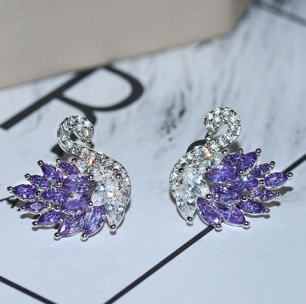 Sterg Sier Swan Stud Earrings with Pink & Purple Cubic Zirconia - Animal Design for Women 31df