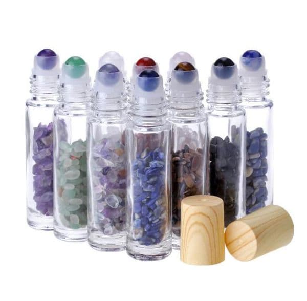 Essential Oil Diffuser 10ml Clear Glass Roll on Perfume Bottles with Crushed Natural Crystal Quartz Stone,Crystal Roller Ball Wood Grain Cap