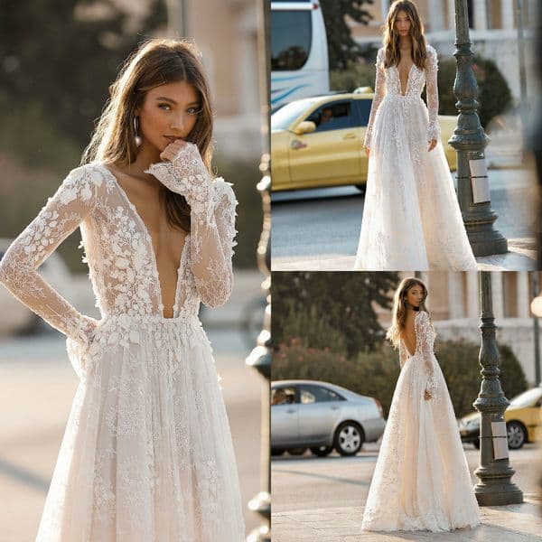 2019 Berta Bohemian Wedding Dresses Deep V Neck Lace Appliques Sexy Backless A Line Beach Wedding Dress Long Sleeve Boho Chic Bridal Gowns