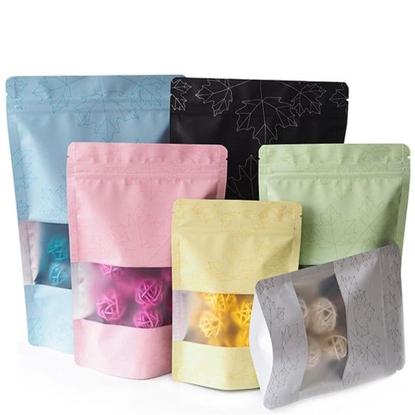 Food Transparent Window Maple Leaf Aluminum Foil Flat Bottom Metallic Mylar Black Zip Bag