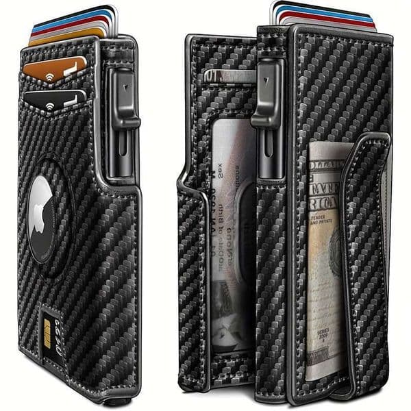 JINXIANGGUO Pc Men S Heavy Duty RFID Blocking Anti Theft Wallet With Automatic Pop Up Slot Airtag Tracker Compatibility Magnetic Closure Smart Money Belt Buckle For