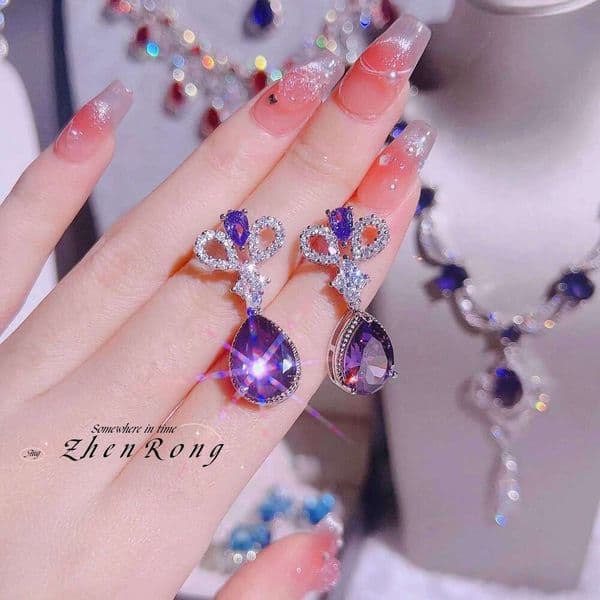 2023 New Trendy Water Purple Stone Amethyst Wedding Earrings Female Crown Design Silver Color Drop Earring For Women