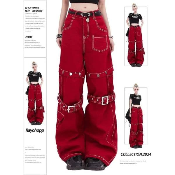Vintage Y2k Red Baggy Cargo Pants Women Hip Hop Gothic Punk Hippie Removable Wide Leg Denim Streetwear Casual Jeans 251231BJ