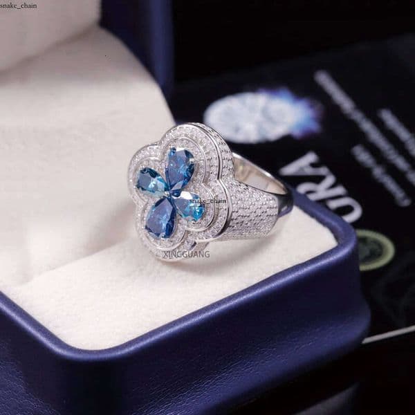 Four Leaf VVS Moissanite For Man Women 925 Sterling Silver Hip Hop Blue Diamond Clover Cuban Ring