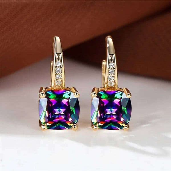 Blue Zircon Square Stone Luxury Crystal Rainbow Hoop Earrings Boho Gold Color Engagement Wedding Jewelry For Women