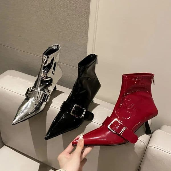 Sexy Pointed Toe Belt Buckle Women Ankle Boots Thin Heels Patent Leather Autumn Zipper Party Shoes 251226