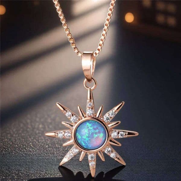 Luxury Female Blue Opal Zircon Stone Sunflower Pendant Necklace Vintage Silver Rose Gold Color Wedding Jewelry For Women