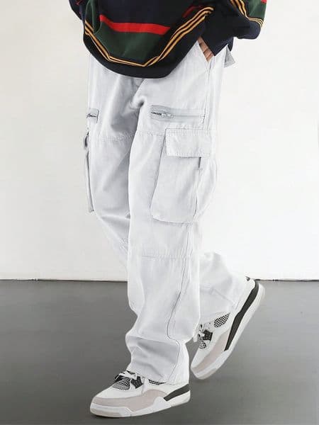 WOZK functional style multi pocket workwear men's straight leg loose casual pants trendy