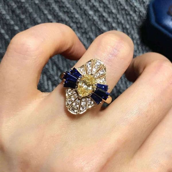 Luxury Geometric Design Rings Charm 18K Gold Color Blue and Yellow CZ Wedding Ring Women French Retro Jewelry For Wmen