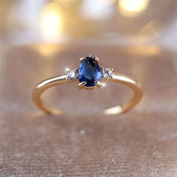 Charm Female Blue Water Drop White Round Zircon Stone Ring Gold Color Elegant Gift Wedding Jewelry For Women