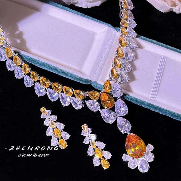 Luxury Brand Shiny Yellow Cubic Zirconia Tassel Design Wedding Choker Necklaces and Earrings Jewelry Sets For Bride