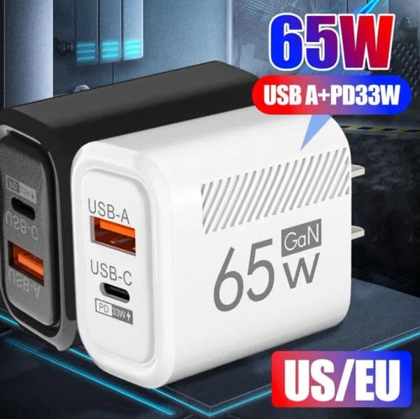 65W USB C Wall Charger Block Quick Charge 2 Ports PD 33W Type C Phone Fast Charging EU US Plug Travel Power Adapter For iPhone 16 15 14 13 12 11 Samsung S25 S24 S23 S22