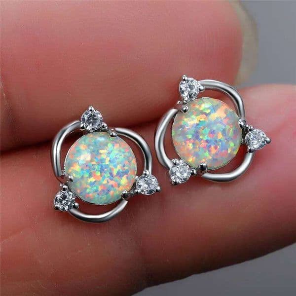 Cute Female White Opal Stone Earring Small Round Zirconia Stud Earrings For Women Dainty Bridal Wedding Jewelry