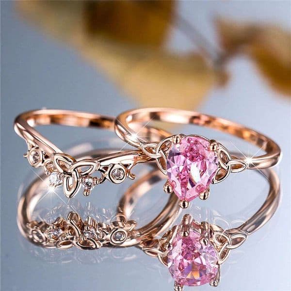 Luxury Female Rose Gold Color White Pink Zircon Stone Engagement Ring Set Vintage Bridal Wedding Bands Party Jewelry For Women