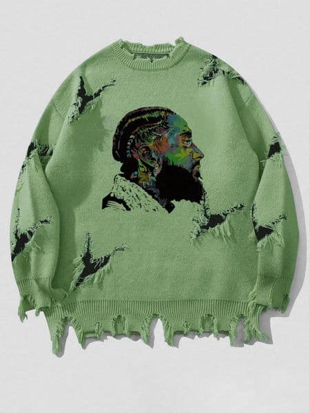 WOZK men's trendy brand ripped sweater long sleeved men's autumn and winter American retro knitted sweater designer