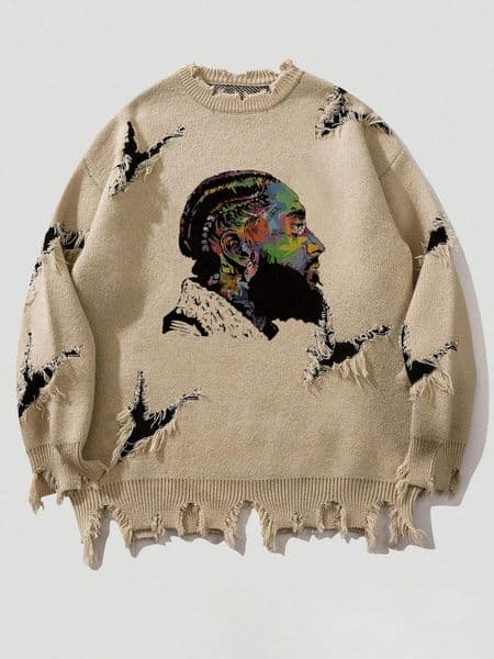 WOZK men's trendy brand ripped sweater long sleeved men's autumn and winter American retro knitted sweater