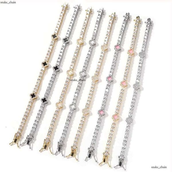 VVS Moissanite UWIN Mini Pink Gold-Plated 4-Leaf Clover 4mm Iced Tennis Chain Necklace Fashion Jewelry