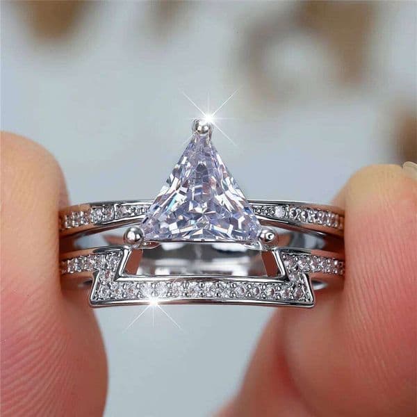 Crystal Female White Zircon Triangle Stone Ring Set Fashion Luxury Silver Color Bridal Wedding Engagement Jewelry For Women
