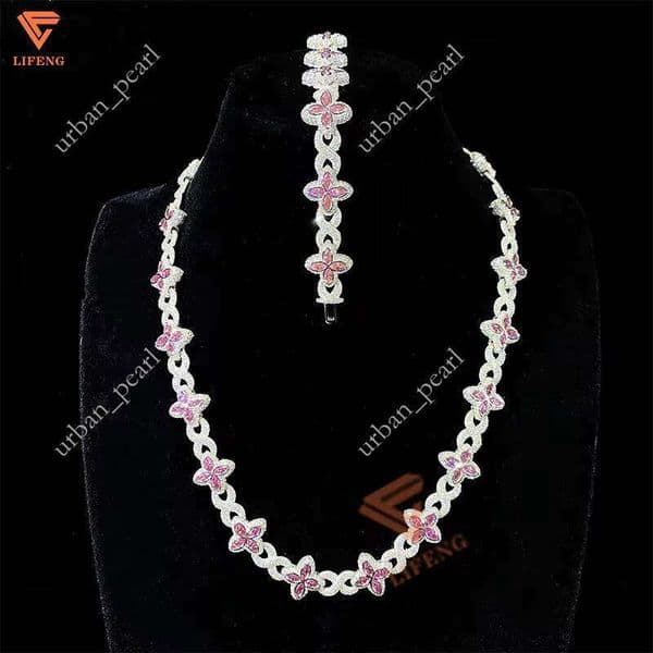 Custom Hip Hop Jewelry 14mm White Gold 925 Sterling Silver Pink VVS Moissanite Diamond Four Leaf Clover Infinity Link Bracelet