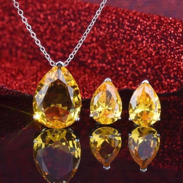 Yellow CZ Crystal Women's Set Wedding Party Water drop Necklace Earrings High Quality Silver Color Jewelry Sets