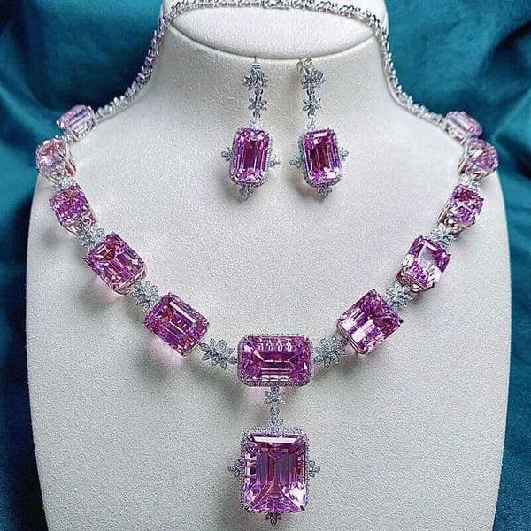 Female Pink Crystal Rings Jewelry Sets Charm Silver Color Wedding Drop Earrings For Women Luxury Bridal Choker Necklaces