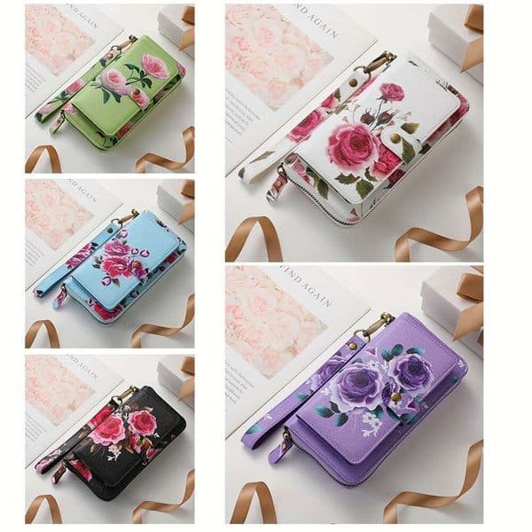 JINXIANGGUO PU Clutch Large Capacity PU Leather Long Wallet Clutch Flower Pattern Zipper Handbag Phone Bag Multi Card Card Holder Coin Purse