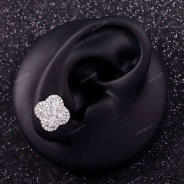 XG VVS Moissanite Stud Four-Leaf Style 925 Silver Clover VVS Inlaid Stone for Women and Men Boutique Jewelry Earrings