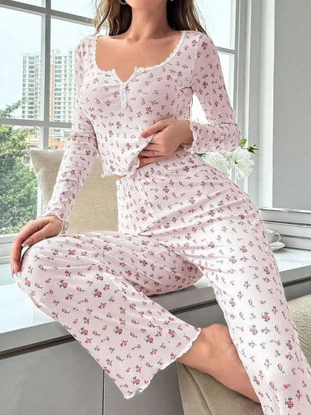 Autumn Winter Pajamas Set Floral Print Lettuce Trim Top with Long Pant Lovely Full Sleeve Nightwear Sleepwear Women Loungewear 251231