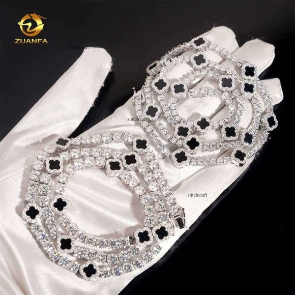 Iced 3mm 5mm 925 Silver Chrysolite Diamond Necklace with Flower Design Fashion Tennis Jewelry for Men and Women