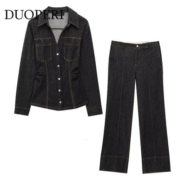 DUOPERI Women Fashion 2 Piece Sets With Pocket Denim Long Slevees Shirts Front Zipper Trousers Feamle Pants 251230BANJIA