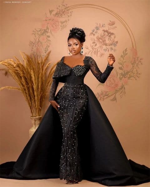 Luxury Aso Ebi Black Mermaid Evening Dresses With Overskirt For African Women Long Sleeves Formal Beaded Prom Party Gowns D31