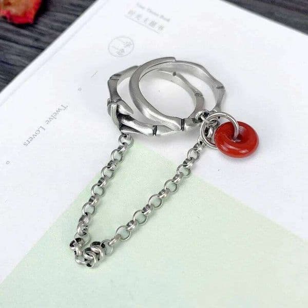 Ethnic Style Southern Red Tourmaline Chain New in Silver 925 Retro Bamboo Leaf Rings for Women Adjustable Ring Jewelry