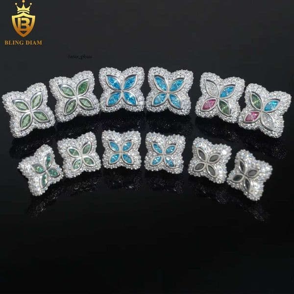 VVS Moissanite Premium Jewelry 925 Sterling Silver GRA Vvs1 Inlaid Clover Earrings Fashionable Multicolored Stone Marquise Cut
