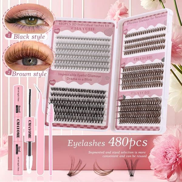 480Pcs Thick Fluffy Individual Eyelashes Black + Brown DIY Cluster Lashes Kit with Lash Bond & Seal Hand Made Reusable D Curled DIY Segmented Eyelash Extensions