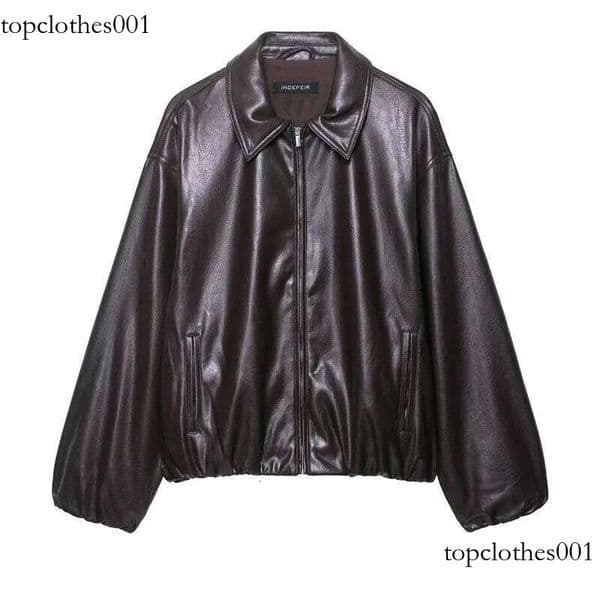 Women's New Fall Dark Brown Long-Sleeved Faux Leather Bomber Jacket Casual Fashion Simple Personality