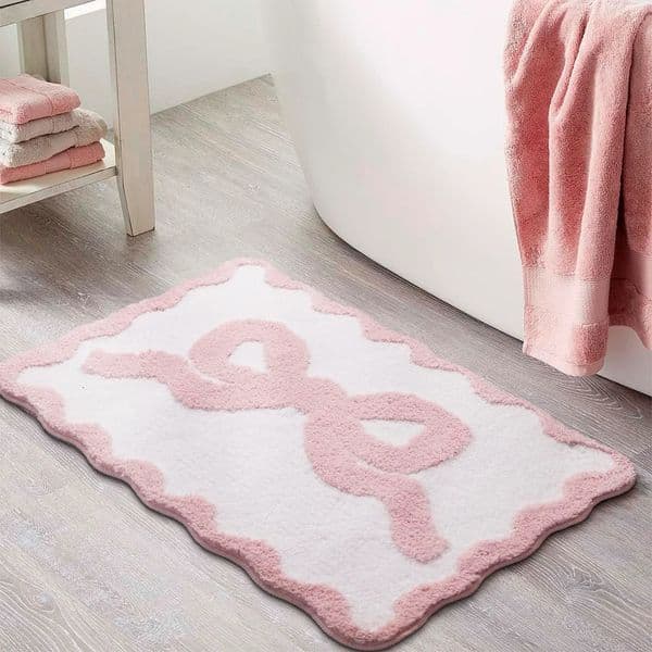 VIKAMA 1pcs Pink Bow Bath Mat for Bathroom Cute Preppy Rugs with Scalloped Edges Soft Microfiber Ultra Absorbent Non-Slip 251230