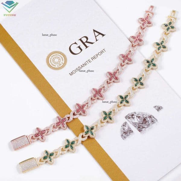 Yuying New Custom Color VVS Moissanite Gold-Plated 925 Sterling Silver GRA Four-Leaf Clover Infinity Bracelet Men's Jewelry