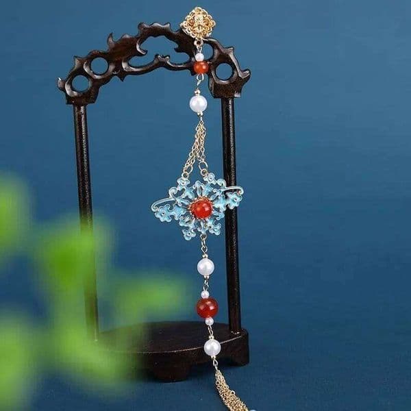 Retro Chinese style Original South Red tourmaline pearl enamel blue flower broche long tassel buckle brooches for women jewelry